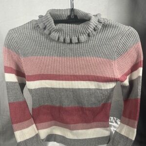Tommy Bahama Girls Ruffle Neck Ribbed Sweater Pink Gray Striped